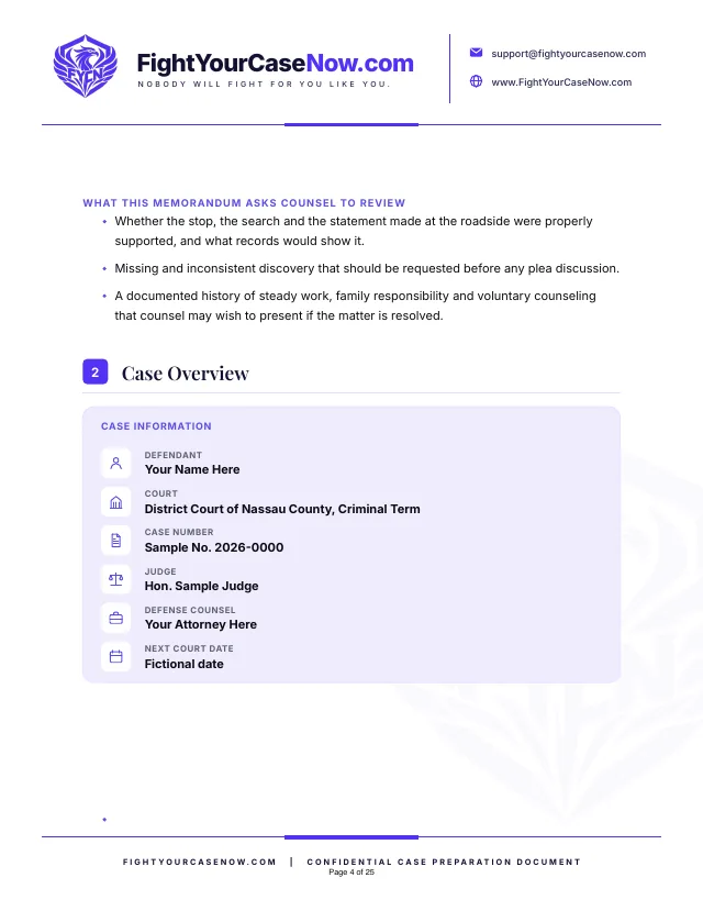 Page 4 of 25 of the sample memorandum: Page 4. Fictional case, illustrative example only.