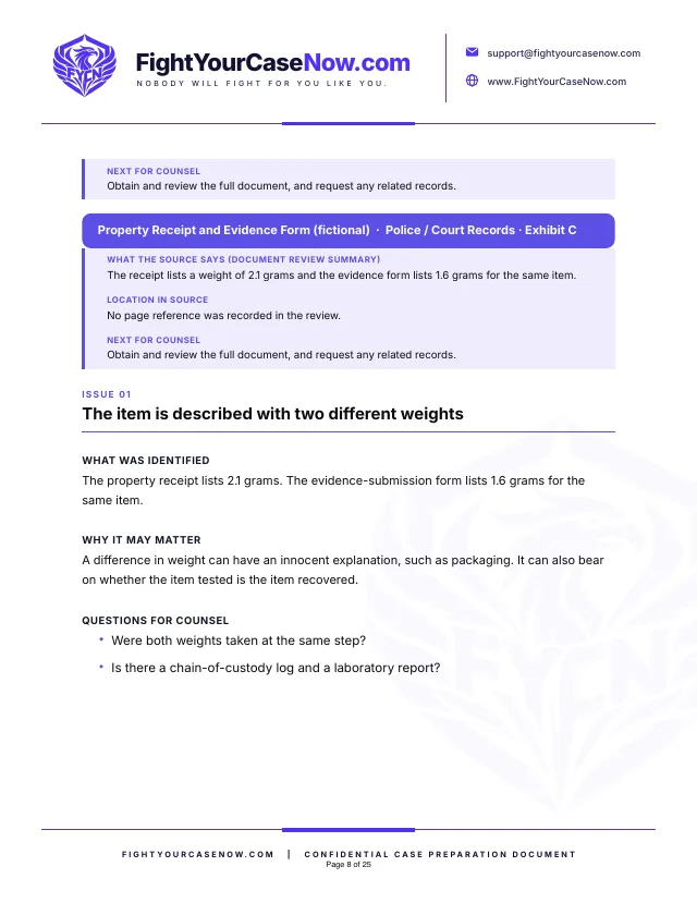 Page 8 of 25 of the sample memorandum: Page 8. Fictional case, illustrative example only.