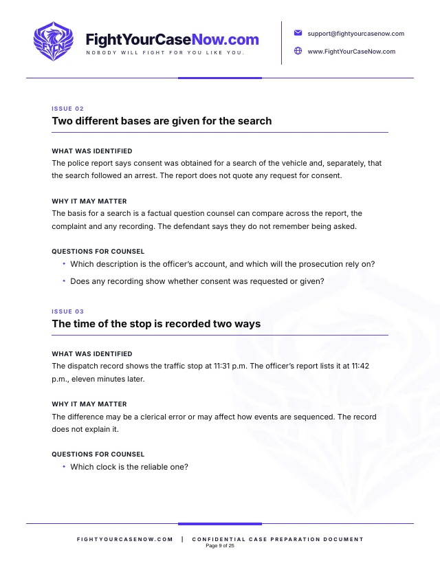 Page 9 of 25 of the sample memorandum: Page 9. Fictional case, illustrative example only.