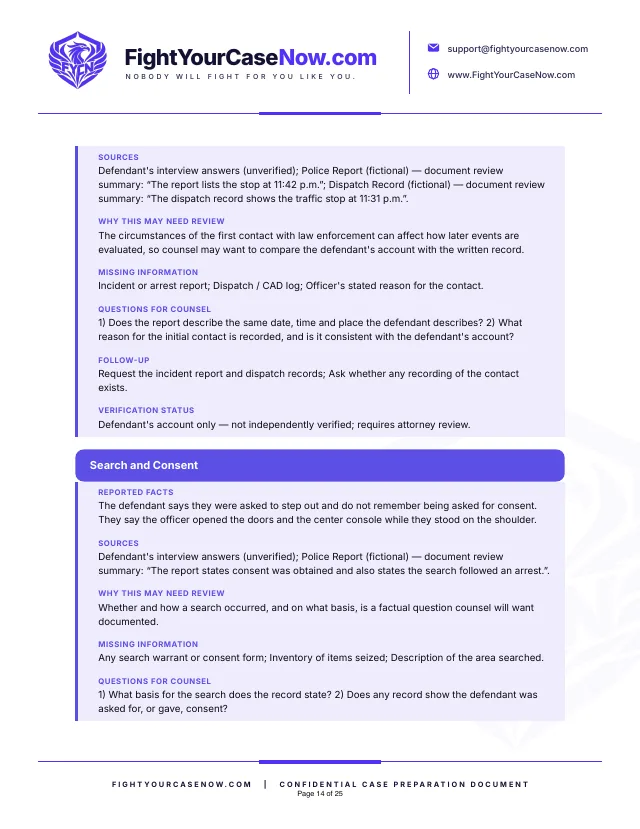 Page 14 of 25 of the sample memorandum: Page 14. Fictional case, illustrative example only.