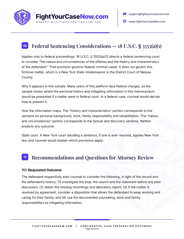 Page 20 of 25 of the sample memorandum: Page 20. Fictional case, illustrative example only.