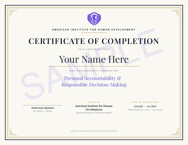 Page 23 of 25 of the sample memorandum: Personal Accountability certificate (sample). Fictional case, illustrative example only.
